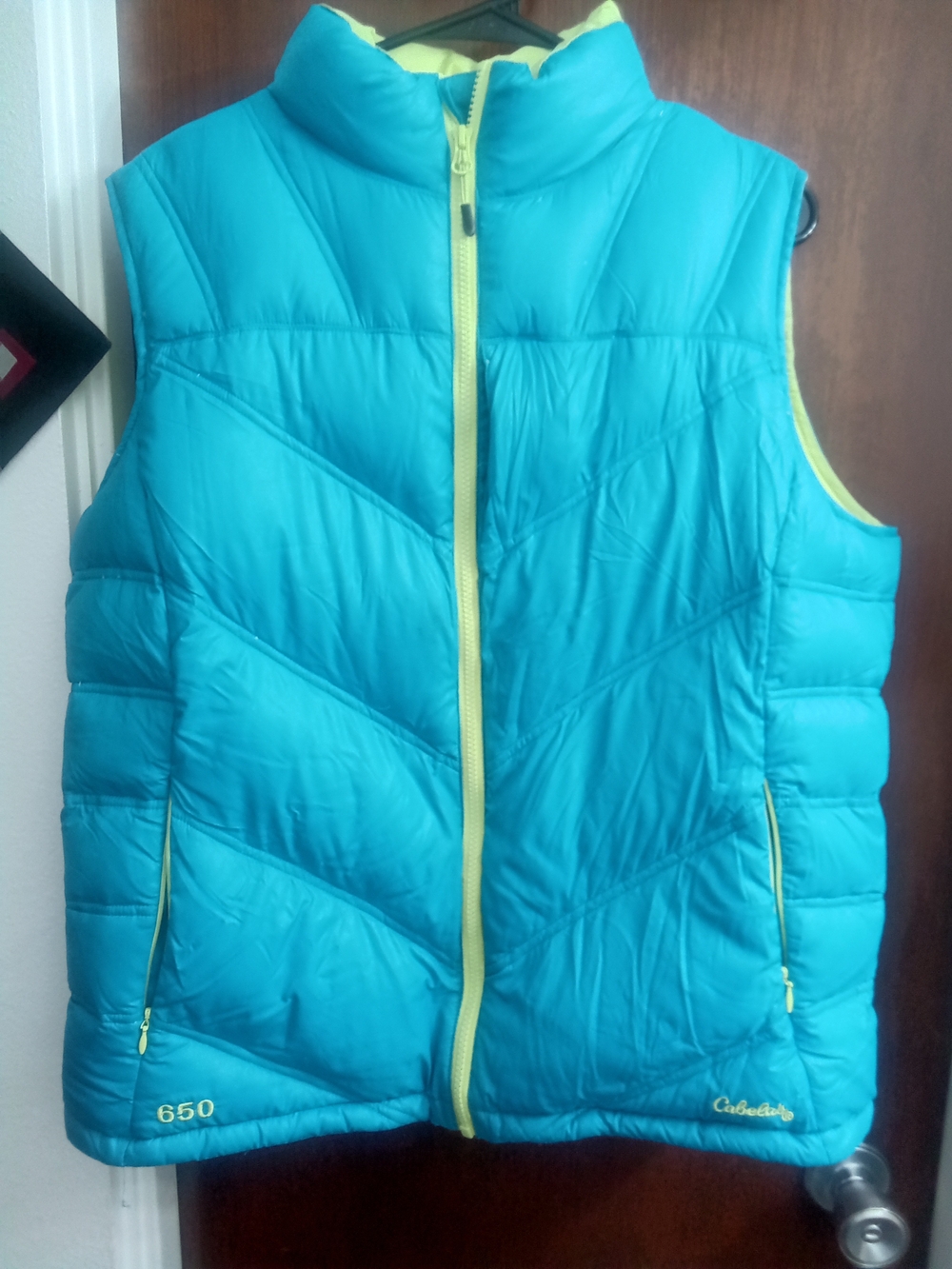 Cabela's Teal Puffer Vest with Yellow Trim